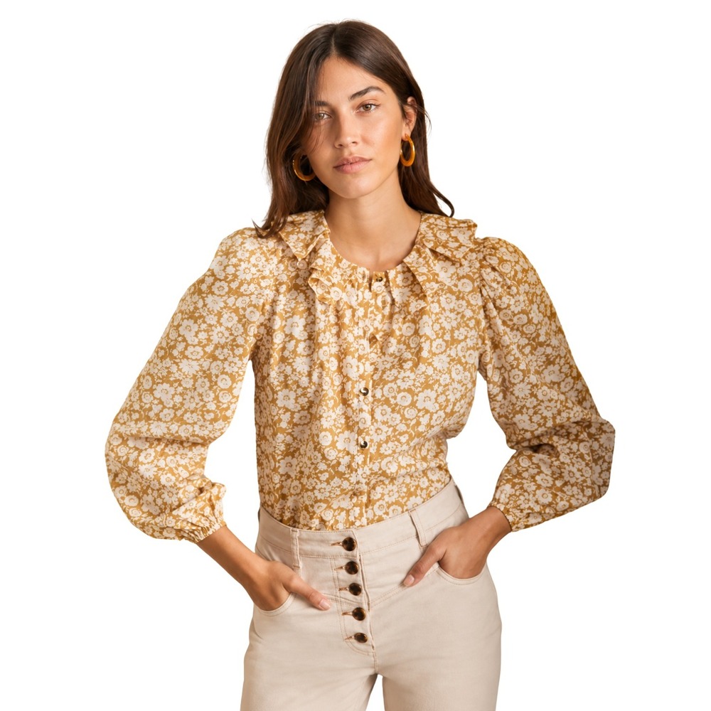 Boden Top Womens US 6 Mustard Yellow Floral Ruffle Collar Button Down Preppy